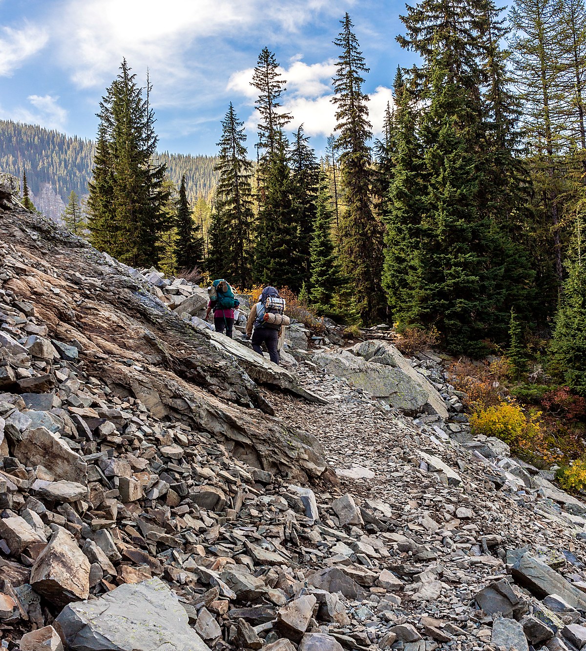 Backpackers hiking a rocky alpine trail in Idaho, United States